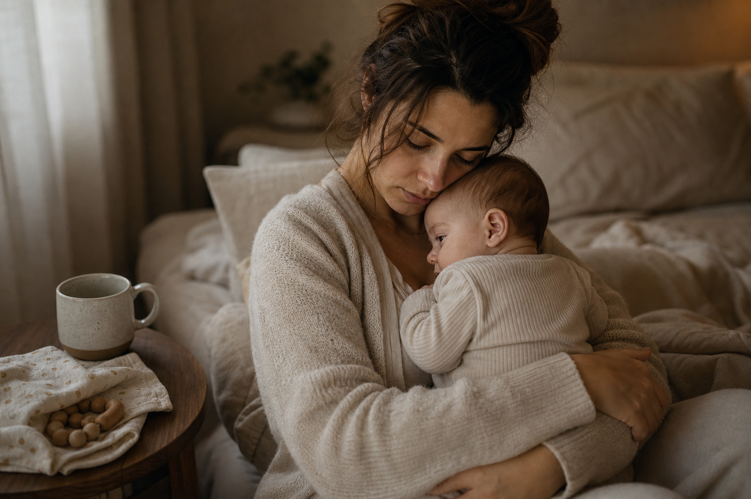 Mãe cansada e carinhosa com o bebé ao colo num momento calmo