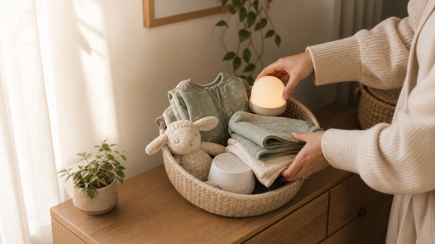 Cesto com luz de presença, mantas suaves e essenciais para preparar a rotina de sono do bebé